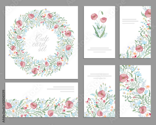 Floral spring templates with cute bunches of pink poppies. For romantic and easter design, announcements, greeting cards, posters, advertisement.