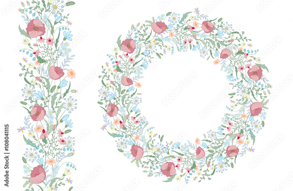 Floral spring elements with cute bunches of poppy and wild flowers. Endless pattern brush. For romantic wedding design, announcements, greeting cards, posters, advertisement.