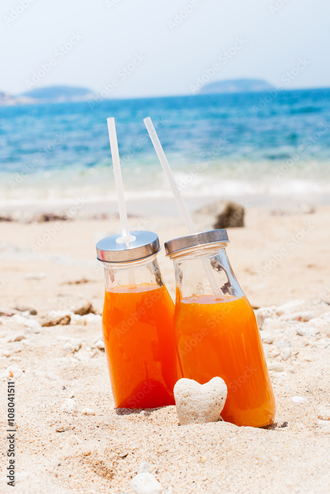 Orange Juice Bottle Beach Sea Holiday Concept
