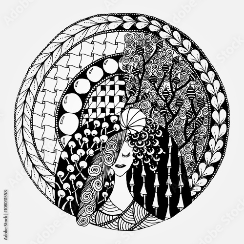 zentangl woman in a round frame 