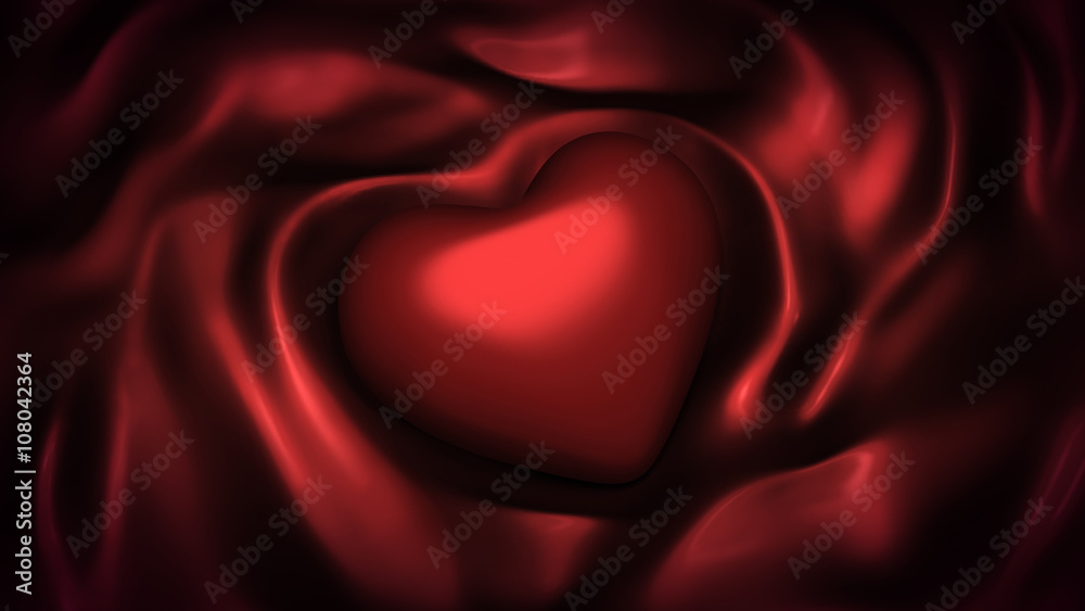 Beautiful red background with heart and folds of fabric, silk Beautiful red background with heart and folds of fabric, silk
