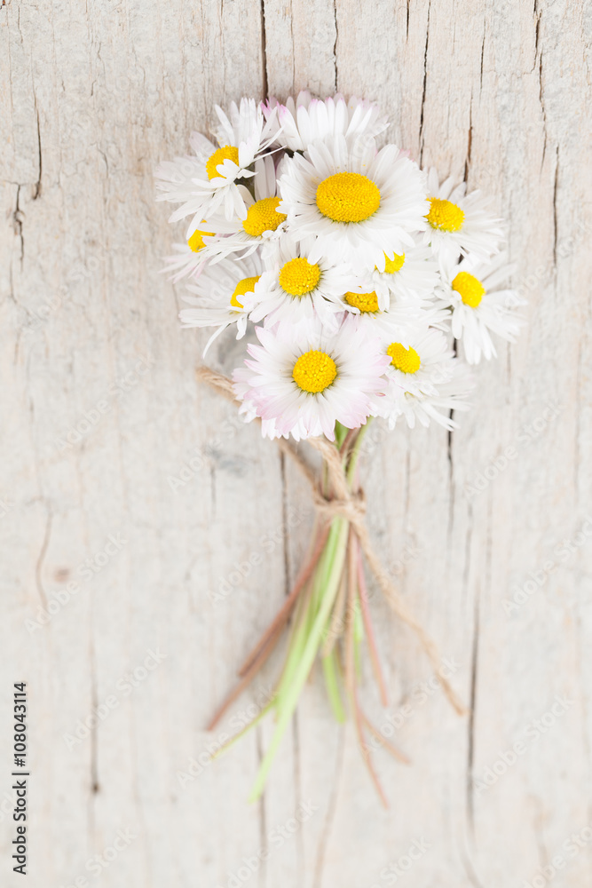 Obraz premium Bouquet of daisies on white wooden background