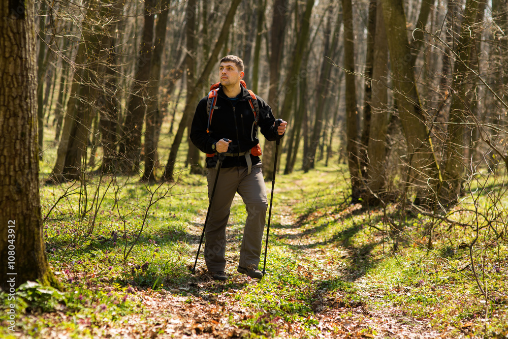 Male hiker looking to the side walking in forest Male hiker looking to the side walking in forest