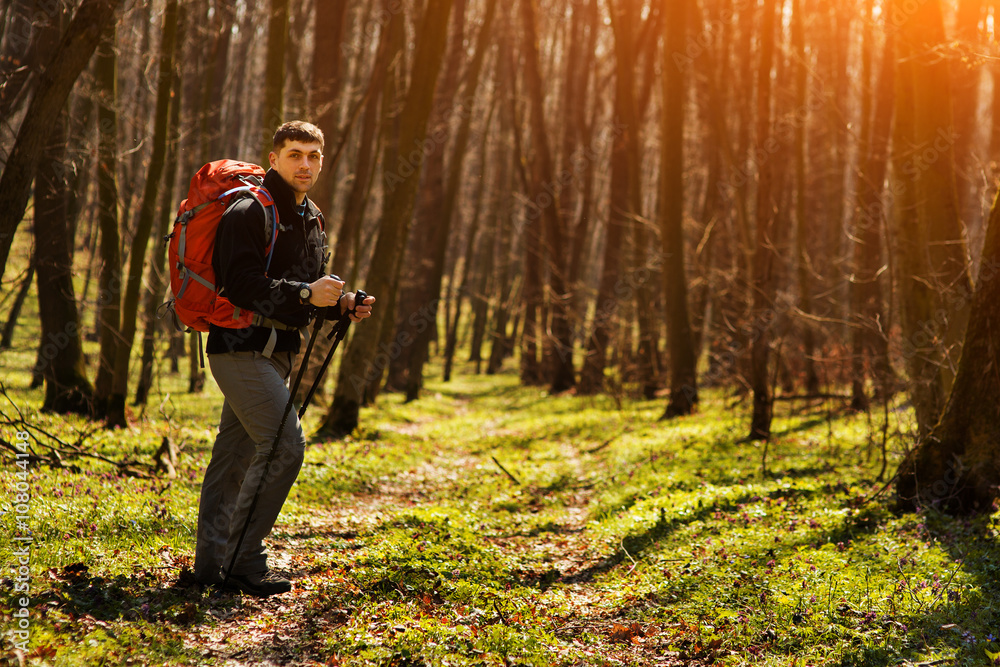 Male hiker looking to the side walking in forest Male hiker looking to the side walking in forest