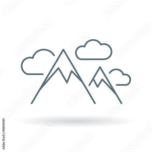 Mountain range icon. Mountains with clouds symbol. Mountain peak sign. Thin line icon on white background. Vector illustration.
