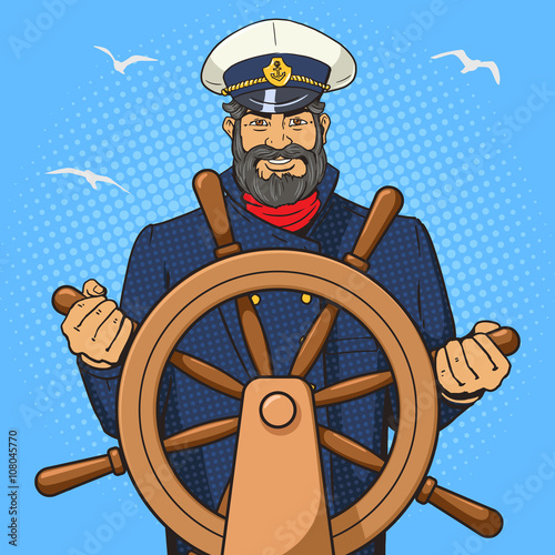 Captain and ship steering wheel pop art vector