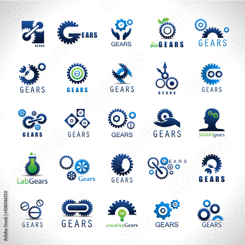 Gear Icons Set-Isolated On Gray Background-Vector Illustration,Graphic Design. Collection Of Different Logotype, Modern Shape.New Flat Concept For Web,Websites