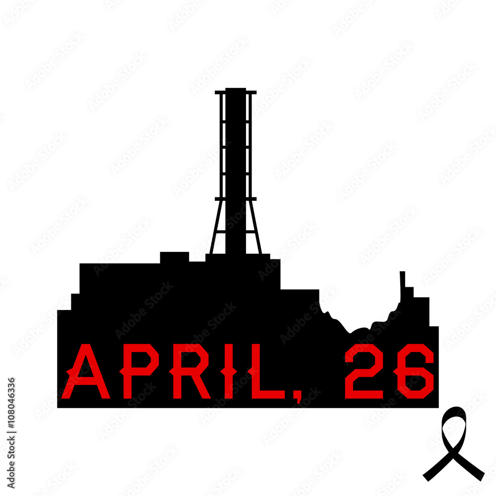 Chernobyl nuclear power plant with the date of the reactor explosion and black ribbon. Vector silhouette of the Chernobyl nuclear power station.