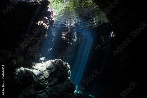 Dark  Underwater Cavern and Beams of Light