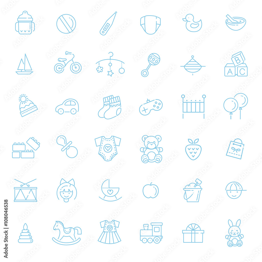 Outline web icon set. Baby toys, feeding and care Outline web icon set. Baby toys, feeding and care
