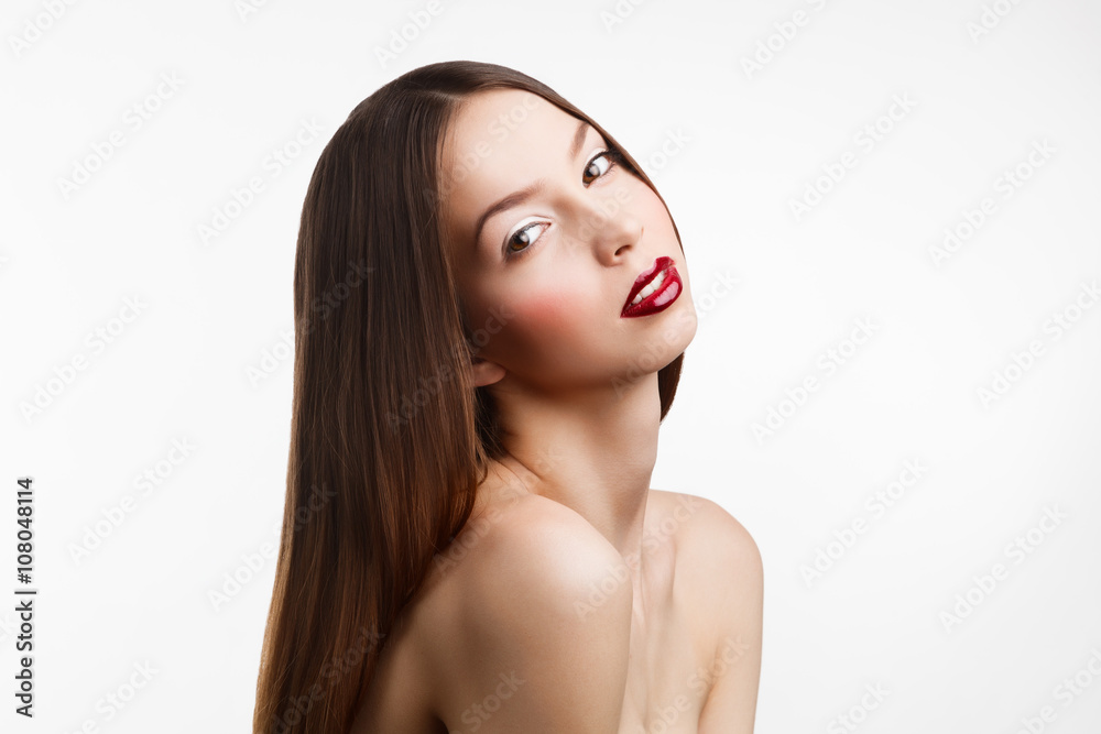 Beauty portrait of young brunette woman with red lips on white Beauty portrait of young brunette woman with red lips on white