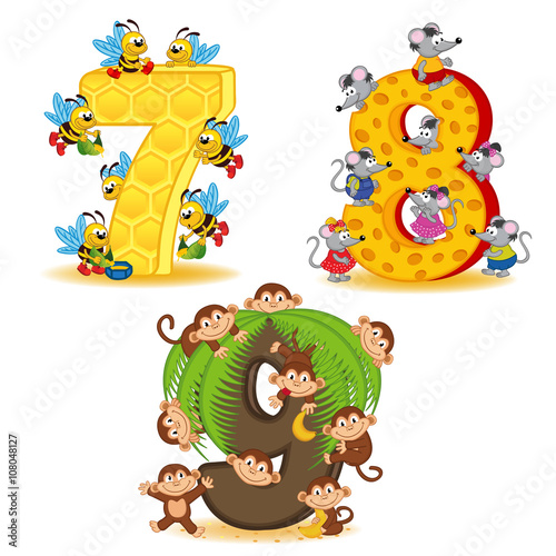 set of numbers with number of animals from 7 to 9 - vector illustration, eps