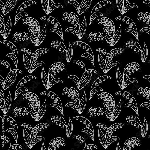 Seamless black and white pattern with lilies of the valley on a black background. Vector eps 10.