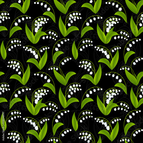 Simplified image of spring flower. Lily the valley flowers on dark background. Floral seamless texture.