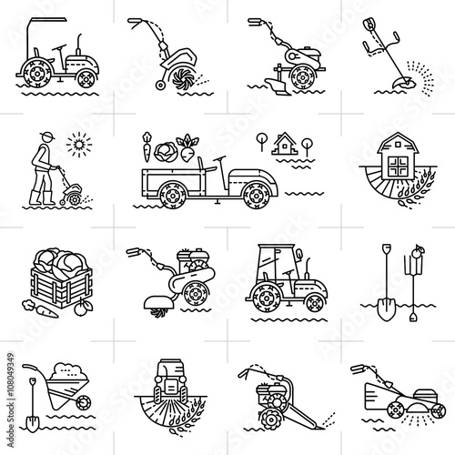 Line icons art of agriculture agricultural machinery garden tools. Gardening equipment: tillers, cultivators, mini tractor. A set of colorful line icons on a theme: agriculture, farming, tillage
