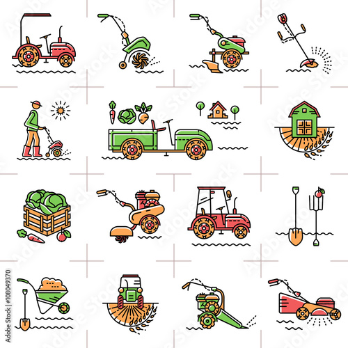Agriculture, agricultural machinery, garden tools, Gardening equipment: tillers cultivators mini tractor. A set of colorful line icons art on a theme: agriculture, farming, tillage, soil cultivation