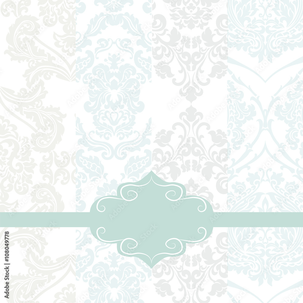 Vintage Floral ornament damask patterns collection with frame. Elegant luxury textures for wallpapers, backgrounds and invitation cards. Pastel colors. Vector
