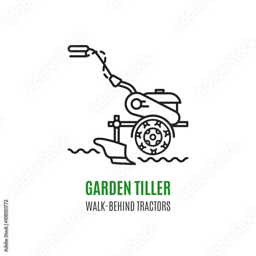 Logo soil cultivation tillage Cultivator agriculture machinery in modern line art style. Logo for the stores sell cultivators, tillers and walk-behind tractors. Vector illustration
