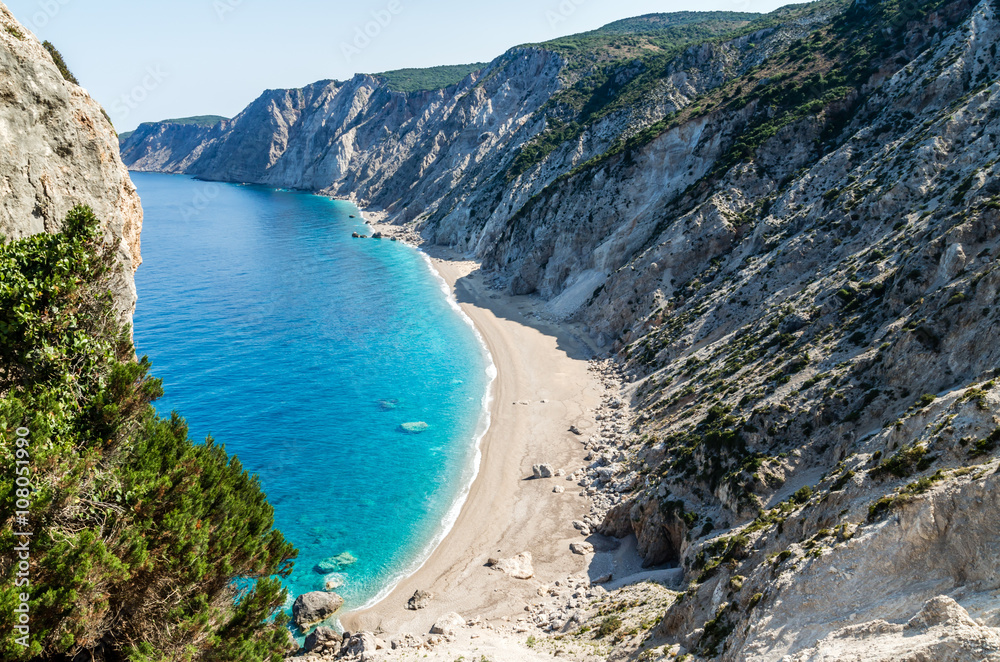 Fototapeta premium Famous Platia Ammos beach in Kefalonia island, Greece. The beach was affected by the earthquake in the spring of 2014 and it is very difficult to go down on the beach.