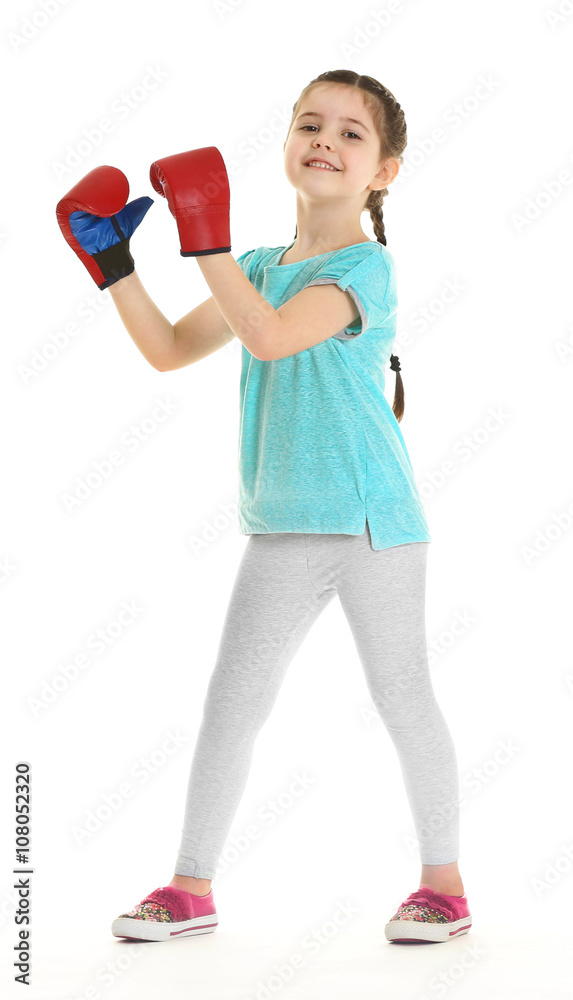 Little cute girl with red boxing gloves, isolated on white Little cute girl with red boxing gloves, isolated on white