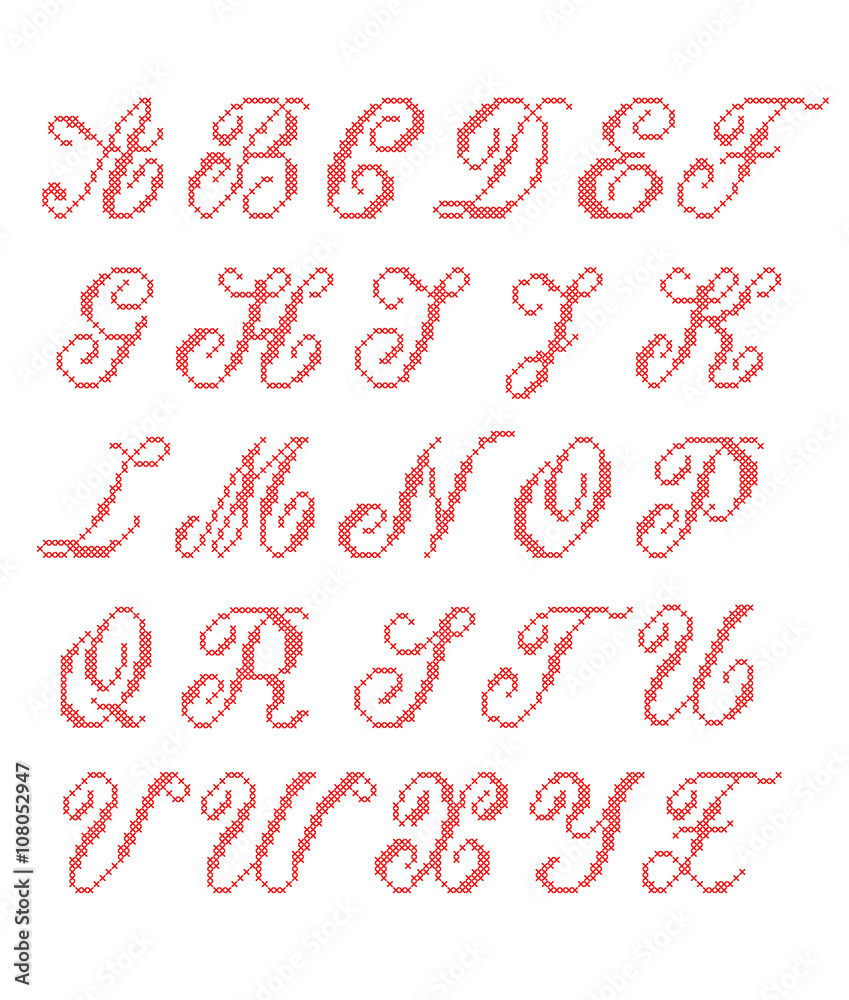 Cross Stitched Fonts. Latin alphabet for embroidery. 
