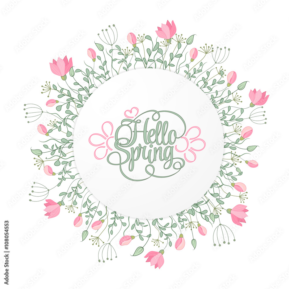 Spring Hand Draw Round Frame with Gentle Pink Flowers, leaves and herbs, Botanical Vector illustration. Hello spring invitation card. Spring Hand Draw Round Frame with Gentle Pink Flowers, leaves and herbs, Botanical Vector illustration. Hello spring invitation card.