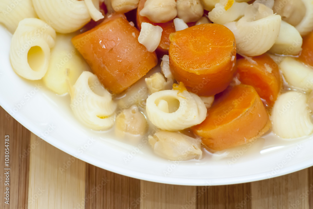 Vegetable soup with pasta, carrots and chickpeas Vegetable soup with pasta, carrots and chickpeas