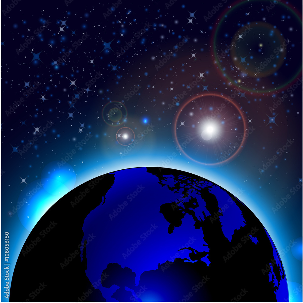 Planet earth with sunrise in space. World Map with Globes detailed editable. Vector space background