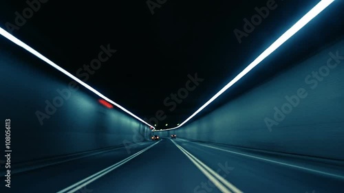 Car Dash Camera Time Lapse at Night in a Tunnel on the Highway in Montreal City