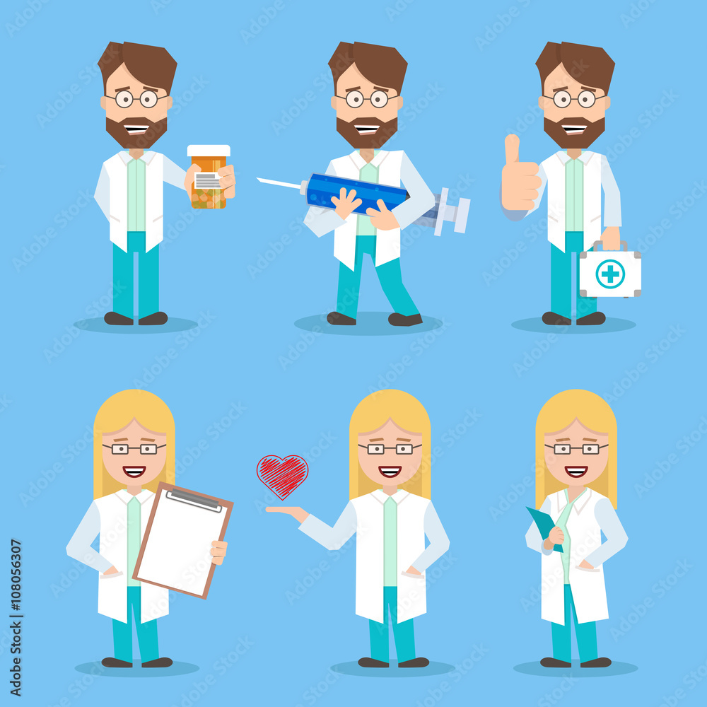 Doctors set women and men in a flat design with working tools. doctor of medicine. doctor with a syringe. doctor with a medical kit. Doctor with documents. Doctors set women and men in a flat design with working tools. doctor of medicine. doctor with a syringe. doctor with a medical kit. Doctor with documents.
