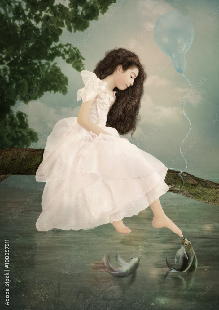 Little girl with long hair in a pink beautiful dress sitting in the ...