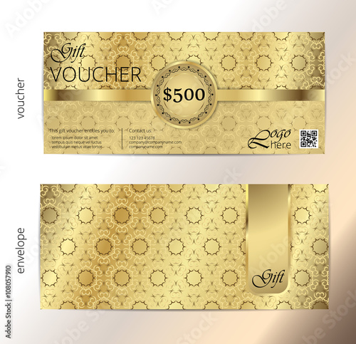 Voucher, Gift luxury certificate, Coupon template. Vintage pattern. Background design for invitation, ticket, banknote, money design, currency, check (cheque). Black, gold vector