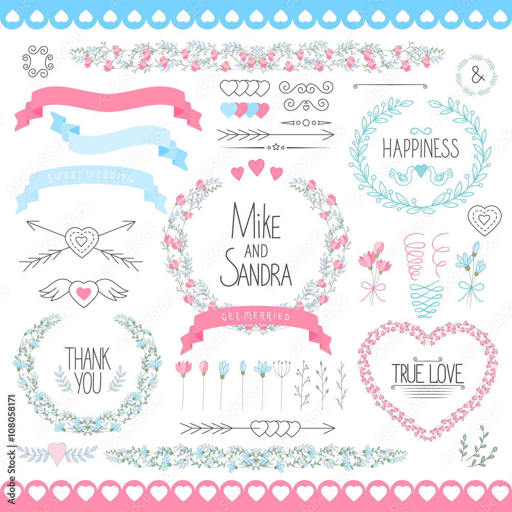 Wedding graphic set, arrows, hearts, laurel, wreaths, ribbons and labels.