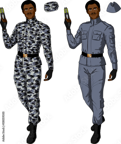 African male in gray khaki holds taser