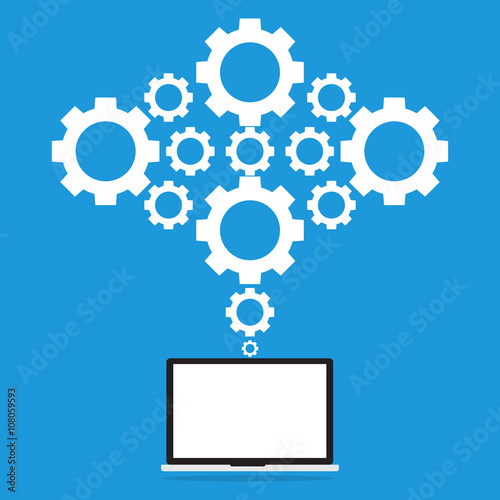 Computer laptop pc connected to gears cloud. Vector illustration
