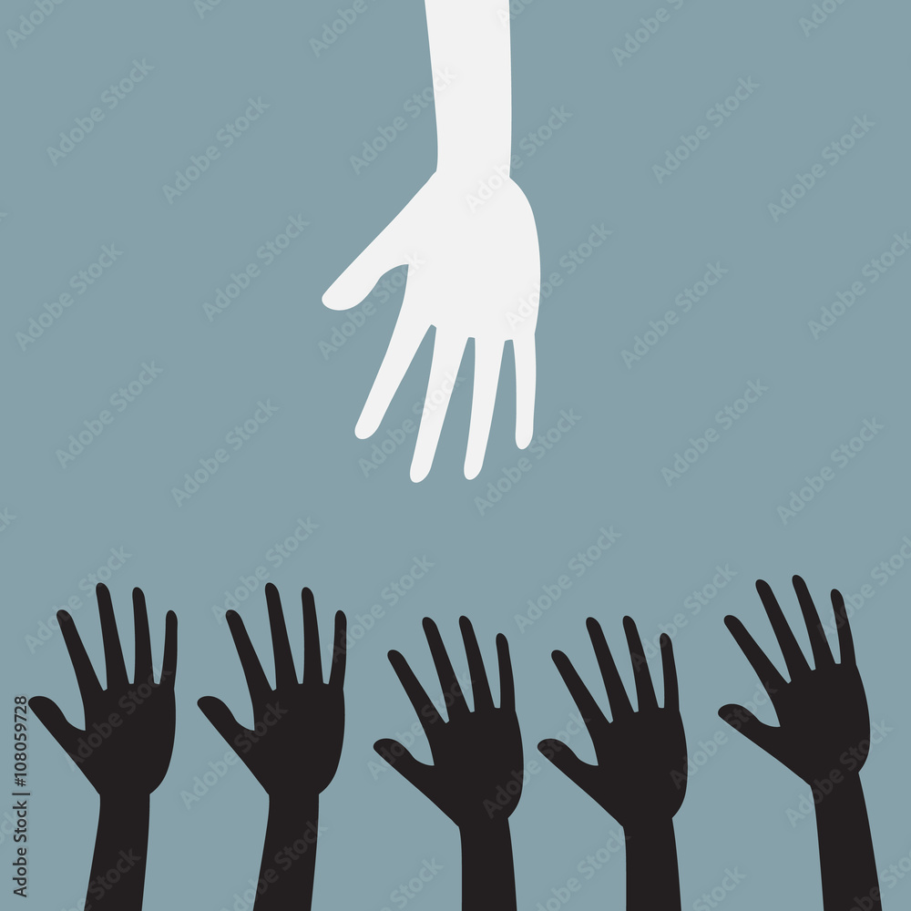 Fototapeta premium White Hand from top for help with black hand. Vector concept.