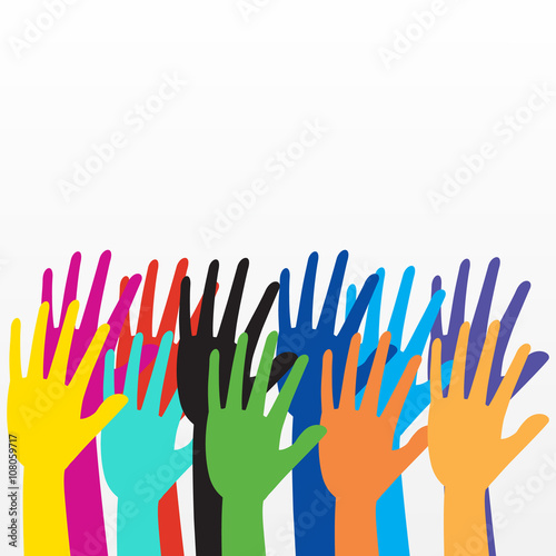 Colorful hand rising on white background. 