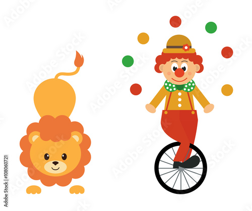 cartoon lion and clown and bike