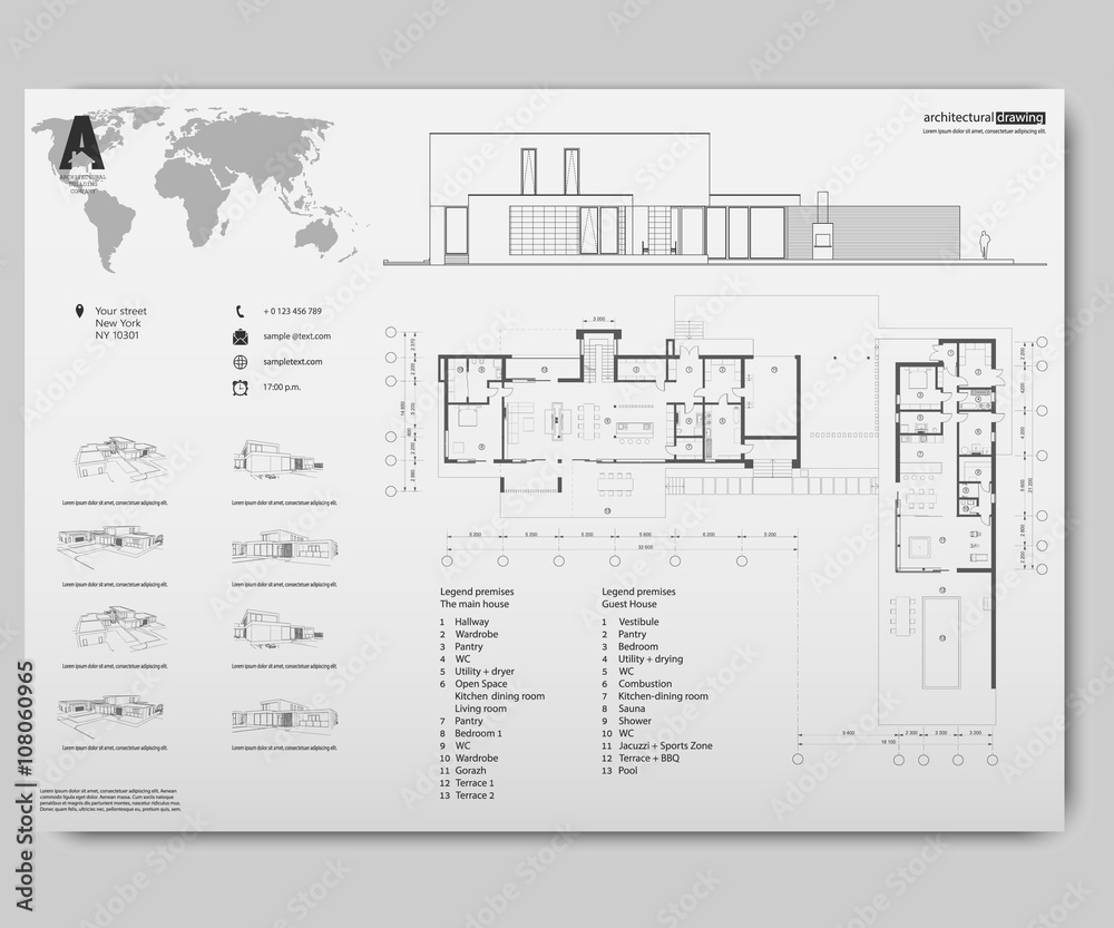 Wireframe blueprint drawing of 3D building. Vector architectural ...