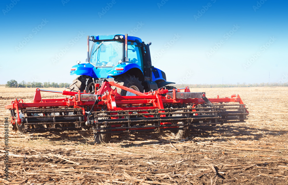 Fototapeta premium Blue tractor in a field