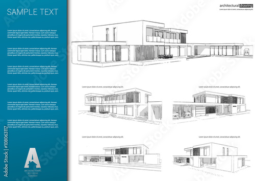 Wireframe blueprint drawing of 3D building. Vector architectural template background.