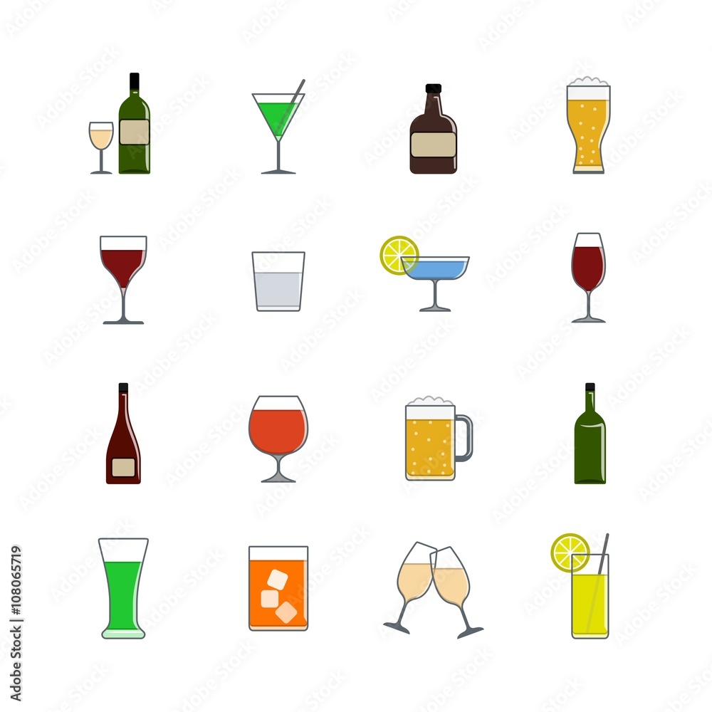 Drink color icon set in flat design style | Alcohol drinks and cocktails vector icons isolated on white