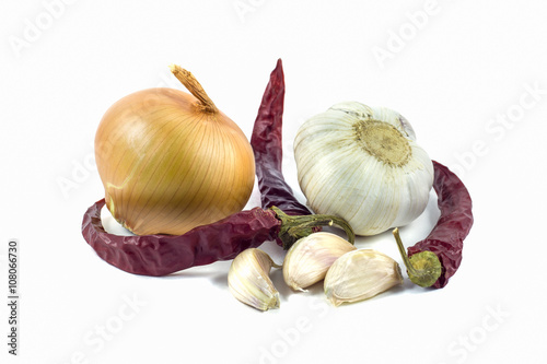 Onion garlic pepper isolated on white background