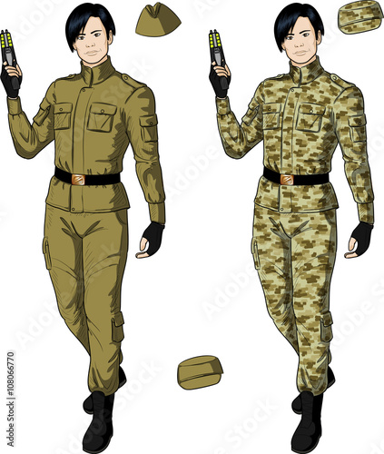 Asian male in sand khaki holds taser