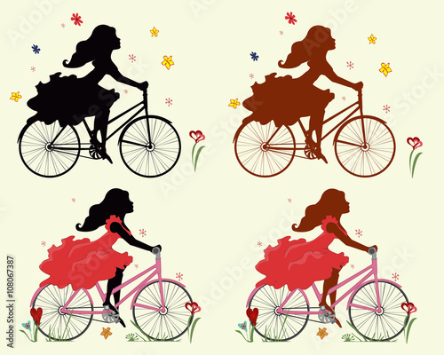 Set silhouettes girls on Bicycle . 4 different versions of vector illustrations. Horizontal location.
