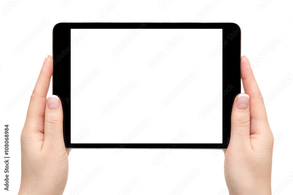 Female hands hold mobile device on a white background. Female hands hold mobile device on a white background.