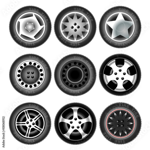 Collection of nine wheels with tires. Different forms and object variation. Car wheels. Isolated tires on white background. Digital vector illustration.