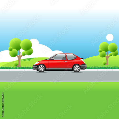 Red car on a country road. Green meadows hills and trees. Blue sky with clouds. Sunny day landscape view. Digital vector illustration.