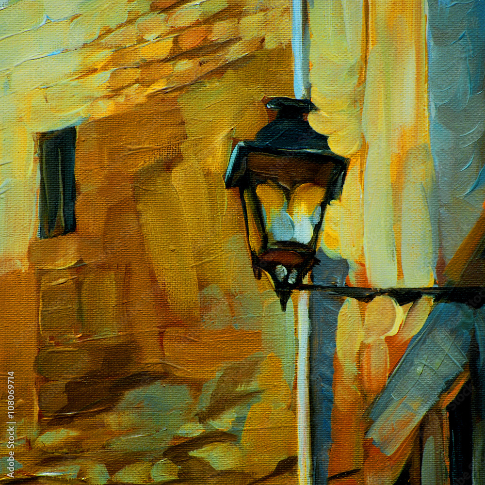 Obraz premium old vintage lantern in gothic quarter barcelona,painting by oil