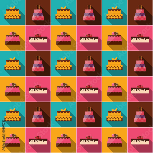 Fototapeta Naklejka Na Ścianę i Meble -  Birthday Cake Flat Icon Seamless Pattern Background for Your Des